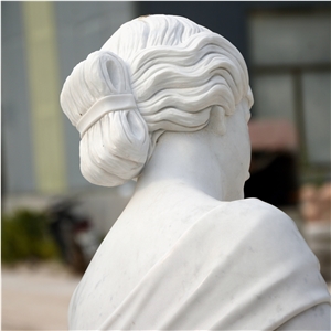 Modern Girl Sculpture With Flower Basket In White Marble