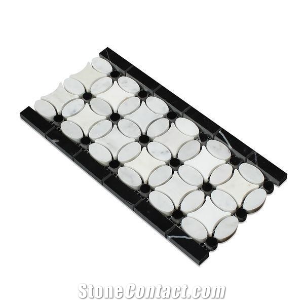 Thassos White Florida Flower W/ Carrara Ovals And Black Dots Honed Marble Trim
