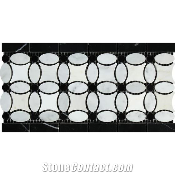 Thassos White Florida Flower W/ Carrara Ovals And Black Dots Honed Marble Trim