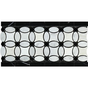 Thassos White Florida Flower W/ Carrara Ovals And Black Dots Honed Marble Trim