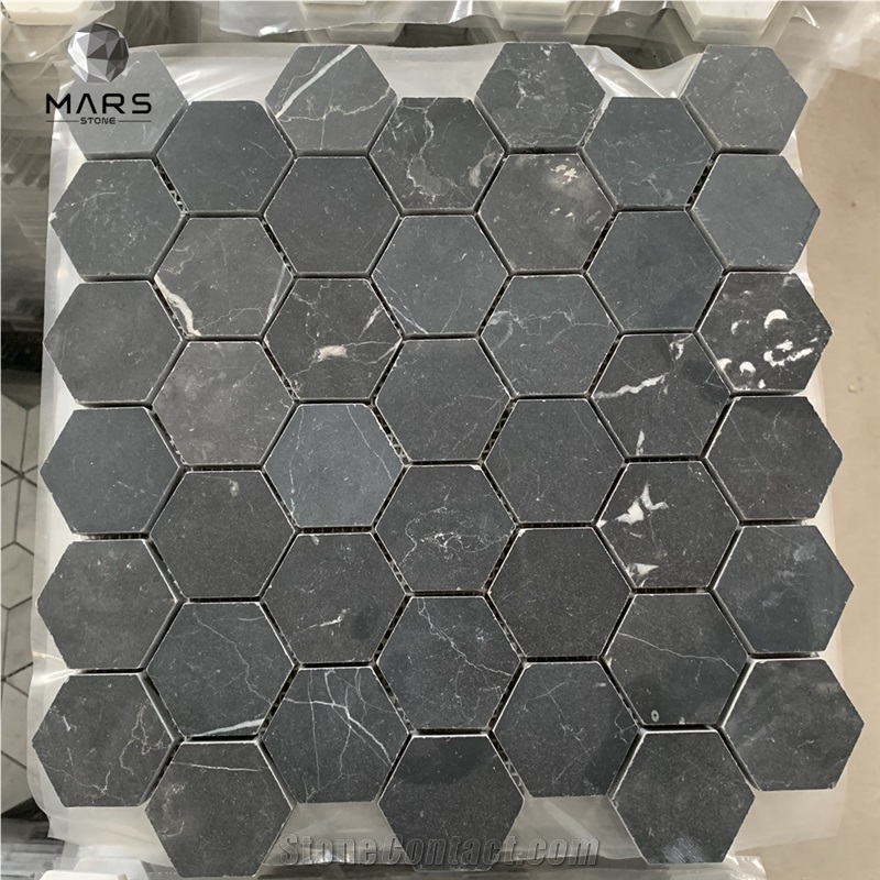 Chinese Black Marble Tile With White Veins Mosaic Hexagonal