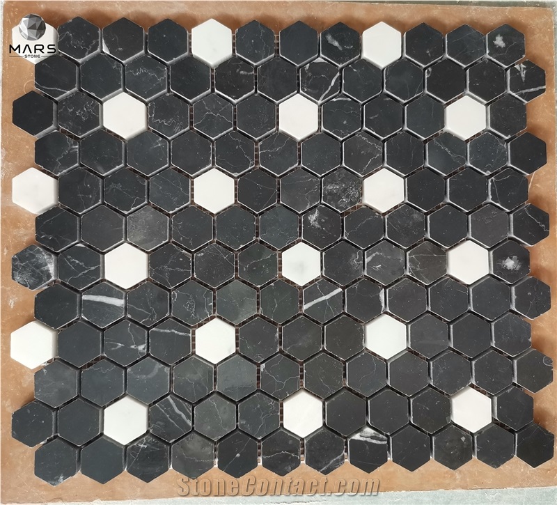Chinese Black Marble Tile With White Veins Mosaic Hexagonal