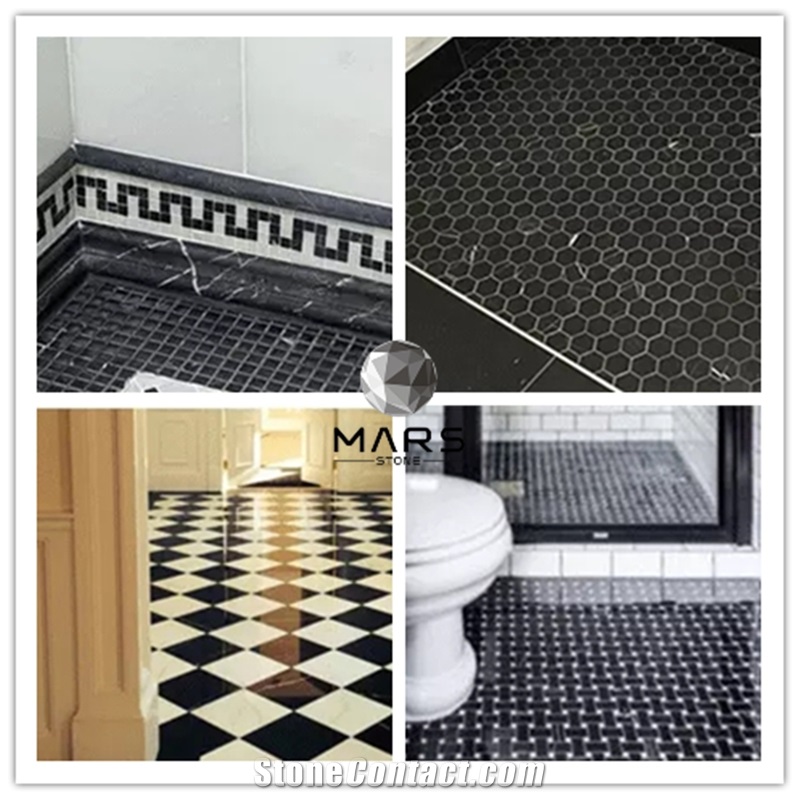 Chinese Black Marble Tile With White Veins Mosaic Hexagonal