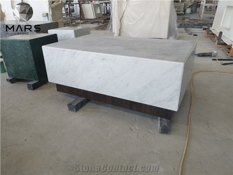 White Carrara Bianco Marble Coffee Table Set In Living Room