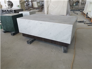 White Carrara Bianco Marble Coffee Table Set In Living Room