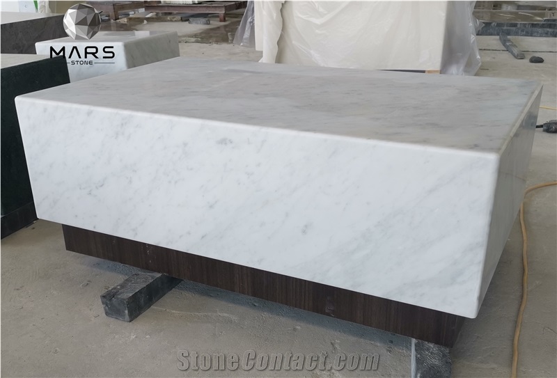 White Carrara Bianco Marble Coffee Table Set In Living Room