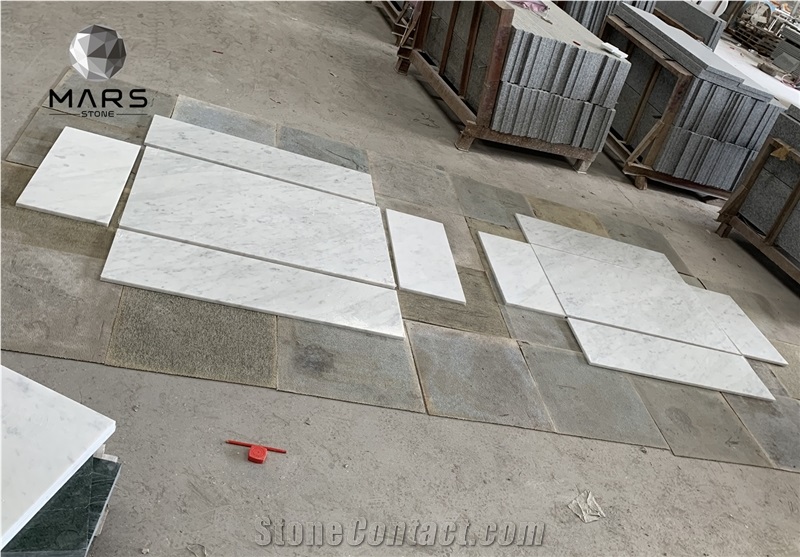 White Carrara Bianco Marble Coffee Table Set In Living Room