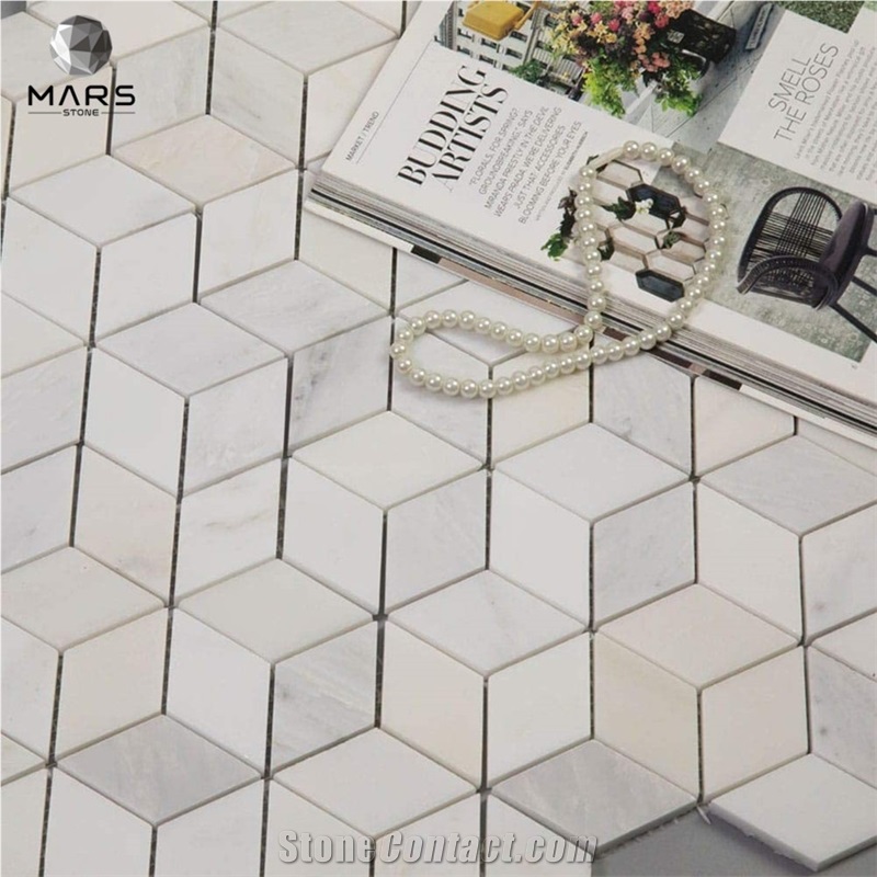 White Marble 3D Cube Rhombus Diamond Hexagon Mosaic Tile