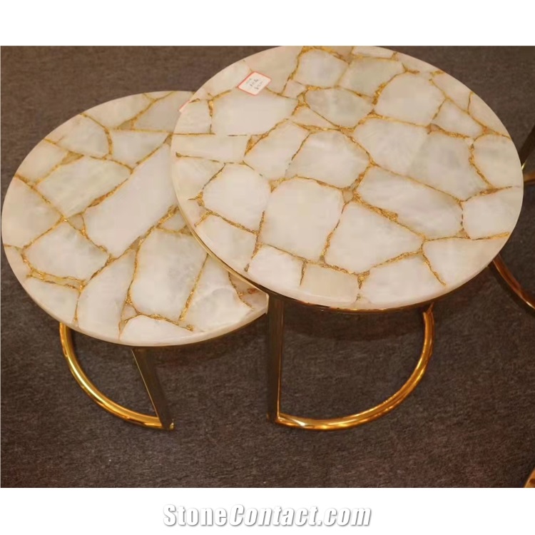 Custom White Agate Gemstone Onyx Table Top Luxury Furniture