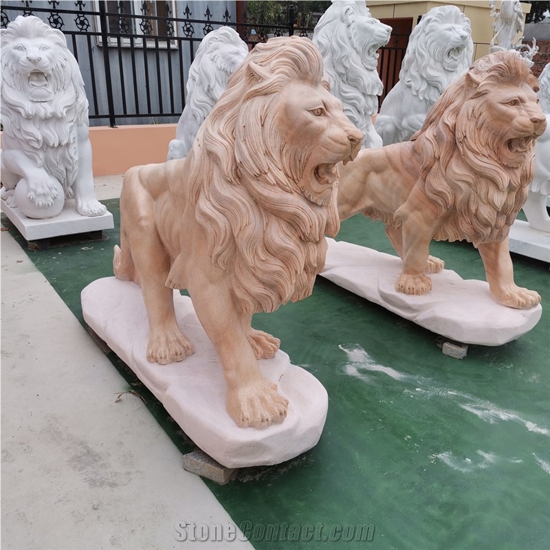Customized Designs Sunset Red Marble Life Size Lion Statue