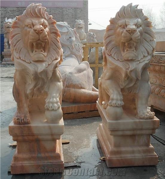 Customized Designs Sunset Red Marble Life Size Lion Statue