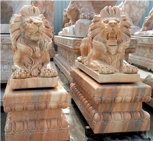 Customized Designs Sunset Red Marble Life Size Lion Statue