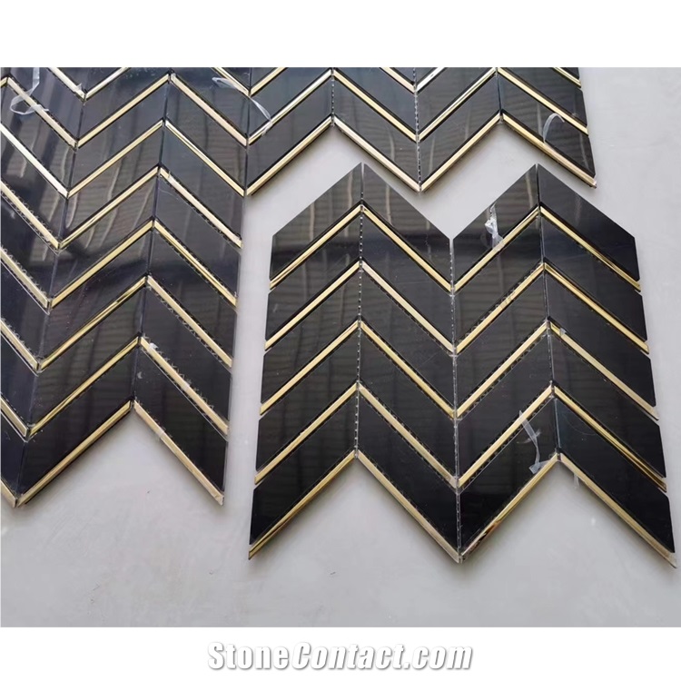 Herringbone Nero Marquina Black Marble  Mosaic Pattern