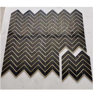 Herringbone Nero Marquina Black Marble  Mosaic Pattern