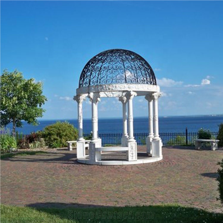 Outdoor Beige Marble Stone Column Gazebo, Garden Pavilion