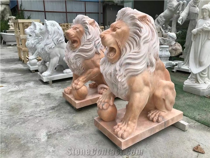 Sunset Red Marble Front Door Lion Statue Sculpture