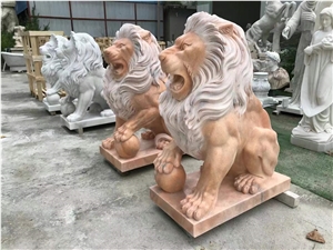 Sunset Red Marble Front Door Lion Statue Sculpture
