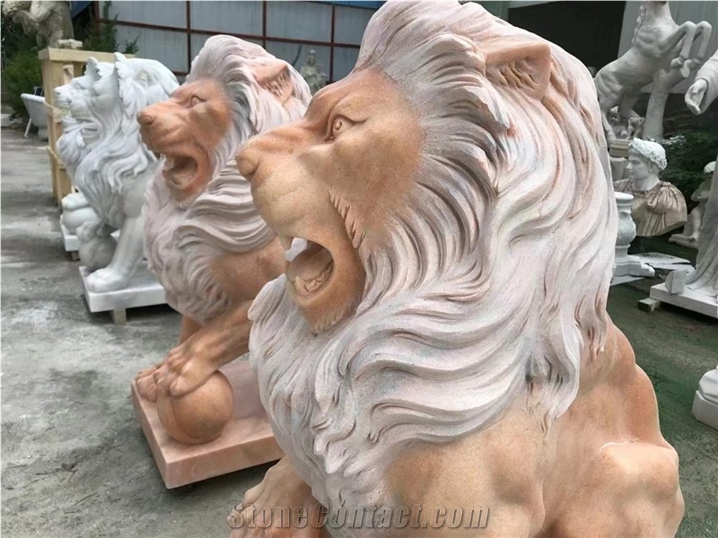 Sunset Red Marble Front Door Lion Statue Sculpture