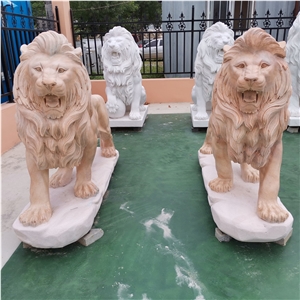 Sunset Red Marble Front Door Lion Statue Sculpture