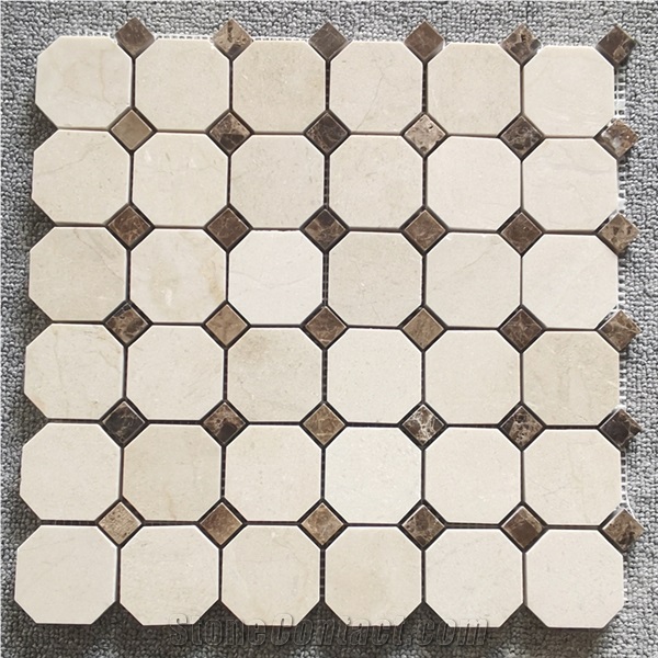 Crema Marfil Marble Octagon Brown Dots Mosaic Tile
