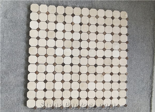 Crema Marfil Marble Octagon Brown Dots Mosaic Tile