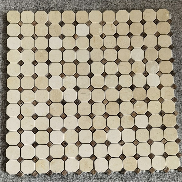 Crema Marfil Marble Octagon Brown Dots Mosaic Tile