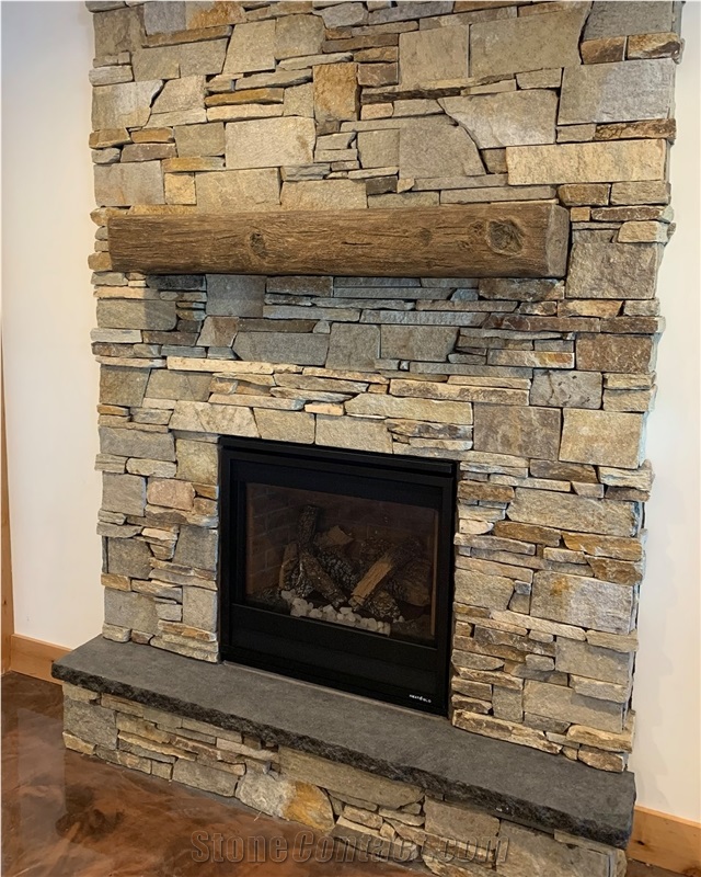Sandstone Stacked Stone Veneer Fireplace