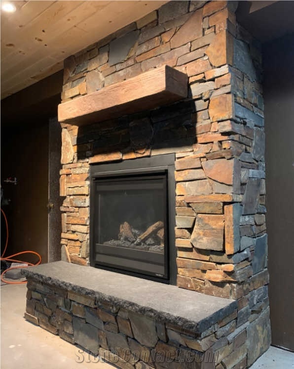 Sandstone Stacked Stone Veneer Fireplace