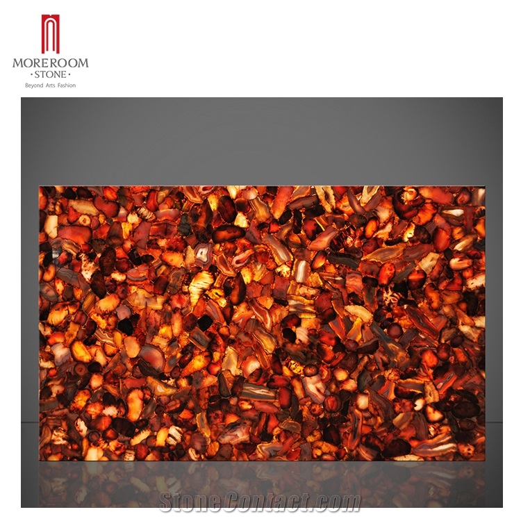 Semiprecious Backlit Red Color Polished Agate Slab
