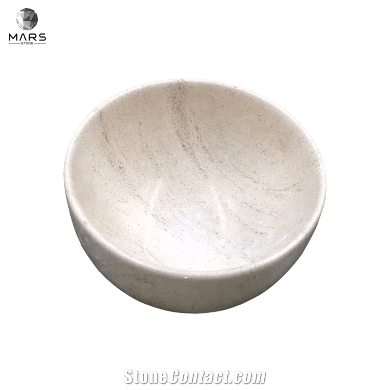 Durable Pet Dog Feeder Round Shape Beige Marble Bowl
