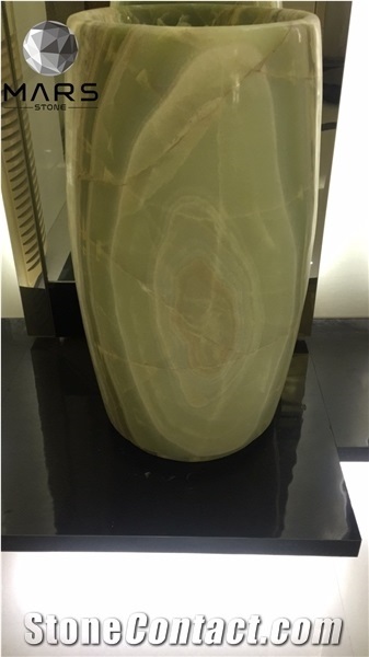 Luxury Pure Green Onyx Freestanding Barrel Pedestal Sinks