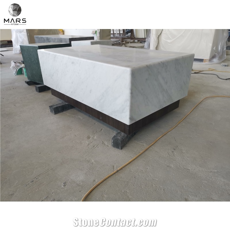 Natural Bianco Carrara White Marble Table With Wooden Base