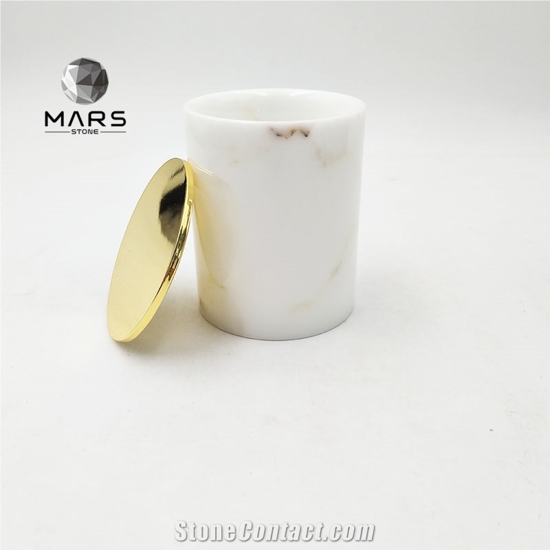 White Onyx Stone Candle Jar With Brass Lid