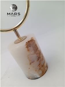 White Onyx Stone Candle Jar With Brass Lid