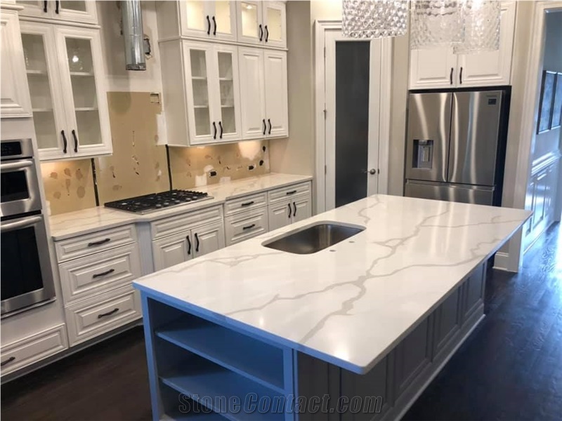 Calacatta White Quartz Slab Kitchen Countertops