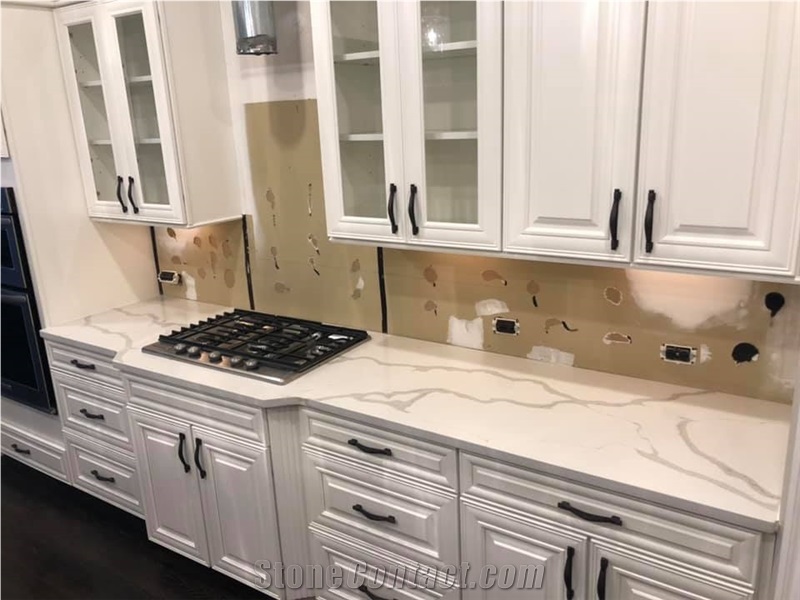 Calacatta White Quartz Slab Kitchen Countertops