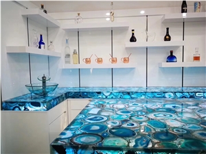 Gemstone Blue Agate Semiprecious Kitchen Island Top
