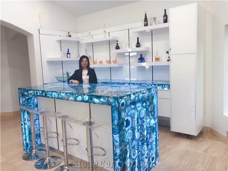 Gemstone Blue Agate Semiprecious Kitchen Island Top