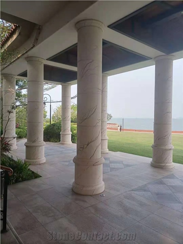 Beige Marble Column Roman Sculptured Carved Column