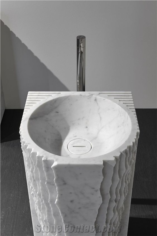 Hotel Bathroom Carrara White Marble Pedestal Round Sink