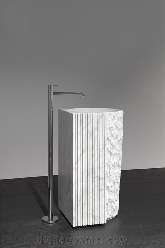 Hotel Bathroom Carrara White Marble Pedestal Round Sink