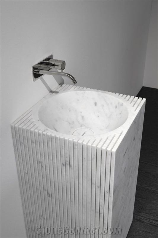 Hotel Bathroom Carrara White Marble Pedestal Round Sink