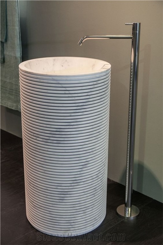 Hotel Bathroom Carrara White Marble Pedestal Round Sink