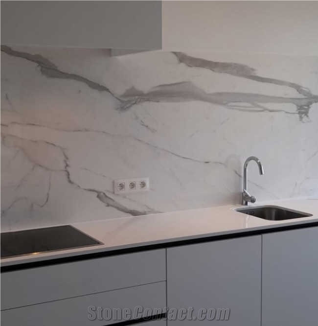 Quartz Kitchen Countertop Uniceramica Statuario Backsplash