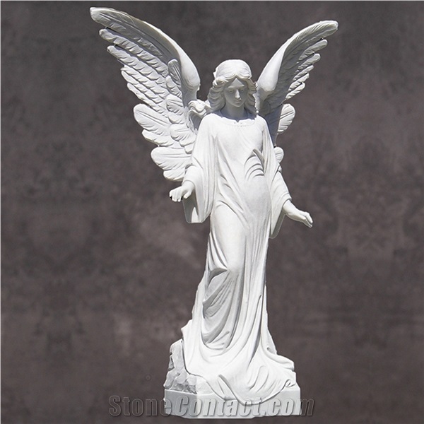 Natural Stone Wings Sculpture White Marble Angel Statues