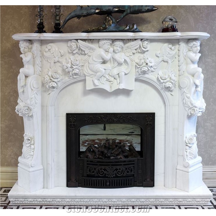 Polished Italian Arabescato White Marble Fireplace Mantel