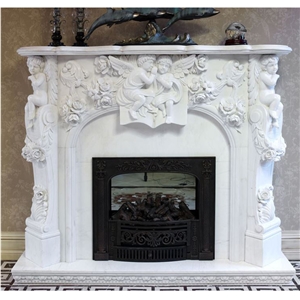Polished Italian Arabescato White Marble Fireplace Mantel