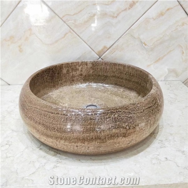 Vessel Sink Beige Travertine For Home Decoration