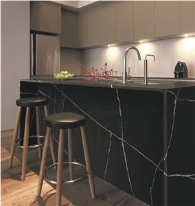 Black Marble Look Artificial Quartz Stone Kitchen Island Top
