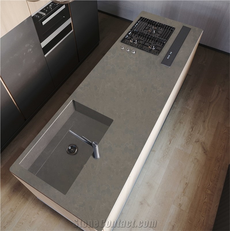 Grey Artificial Quartz Stone Kitchen Countertop Island Top